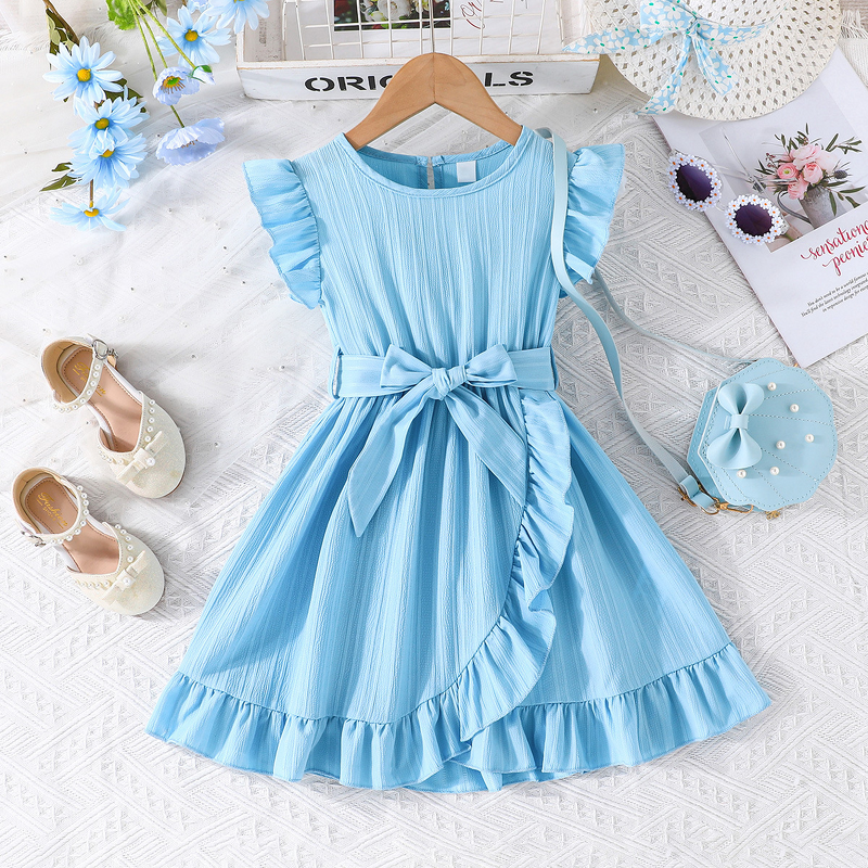 Girls' Casual Dress Manufacturer - 2025 Solid Color Wave Stripe Flutter Sleeve Belt Ruffle