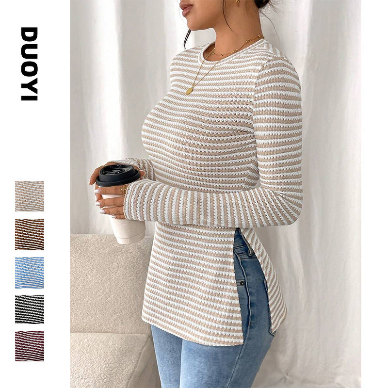 Striped Base Shirt Manufacturer - Round Neck Slit Long Sleeved Versatile Casual