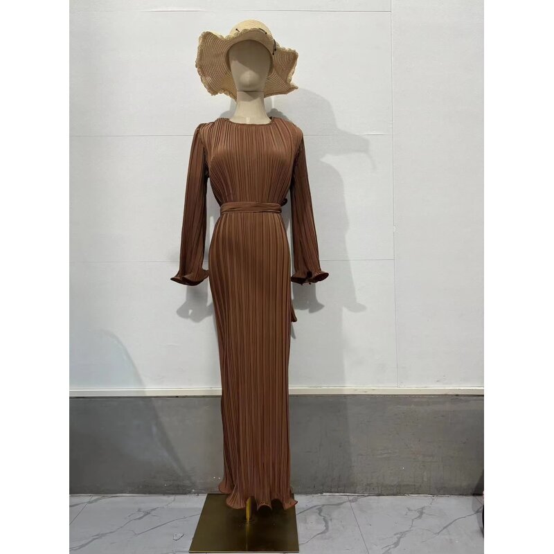 Casual Dress Manufacturer - O-Neck Long Sleeve Pleated with Belt for Autumn Parties