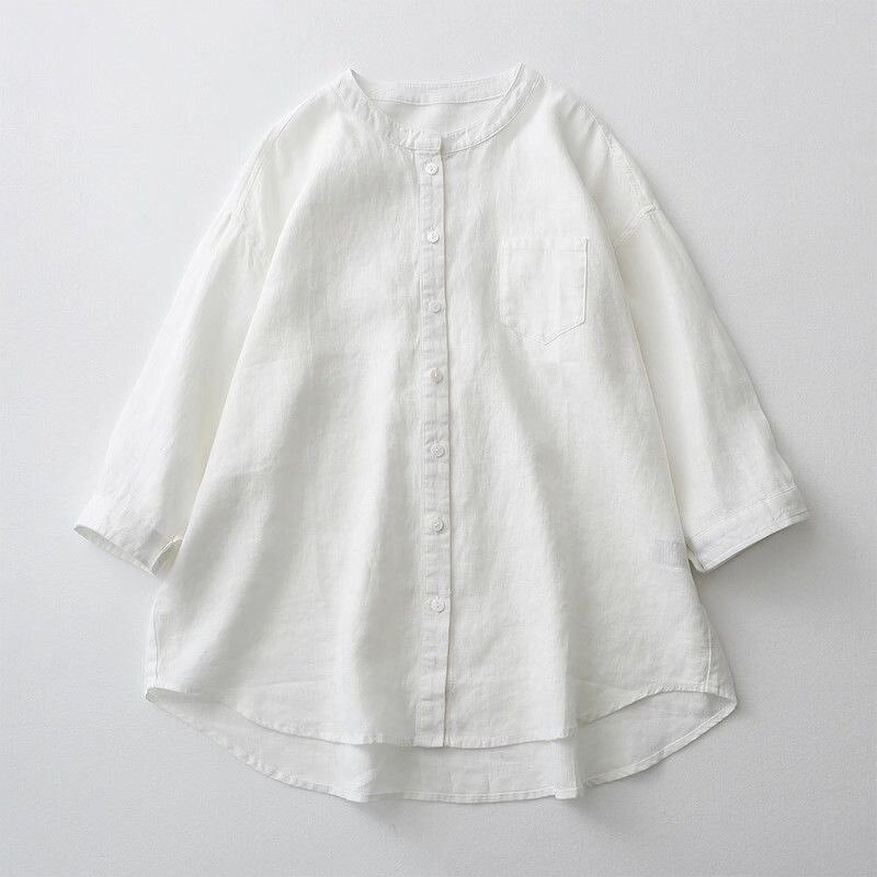 Cotton Casual Blouse Manufacturer - Three-quarter Sleeve Stand Collar Button for Women Summer