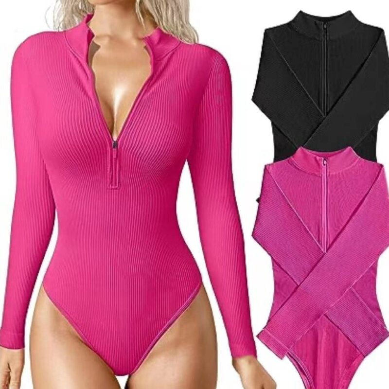 Women's Bodysuit Manufacturer - 2024 Long Sleeve Ribbed Zipper Front Stand Collar Jumpsuit