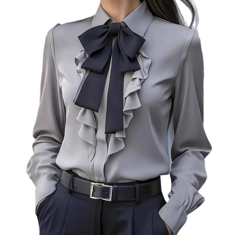 Women's Shirt Manufacturer - 2025 Autumn Lace up Bow Ruffle Design Elegant Urban