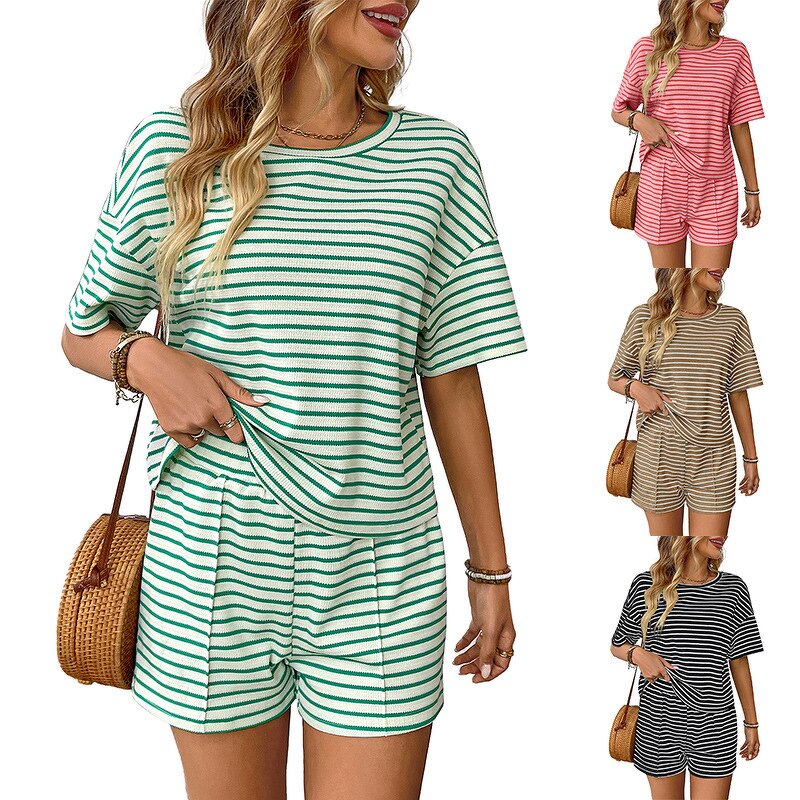 Women's Shorts Set Manufacturer - Knitted Round Neck Short Sleeved Striped Casual