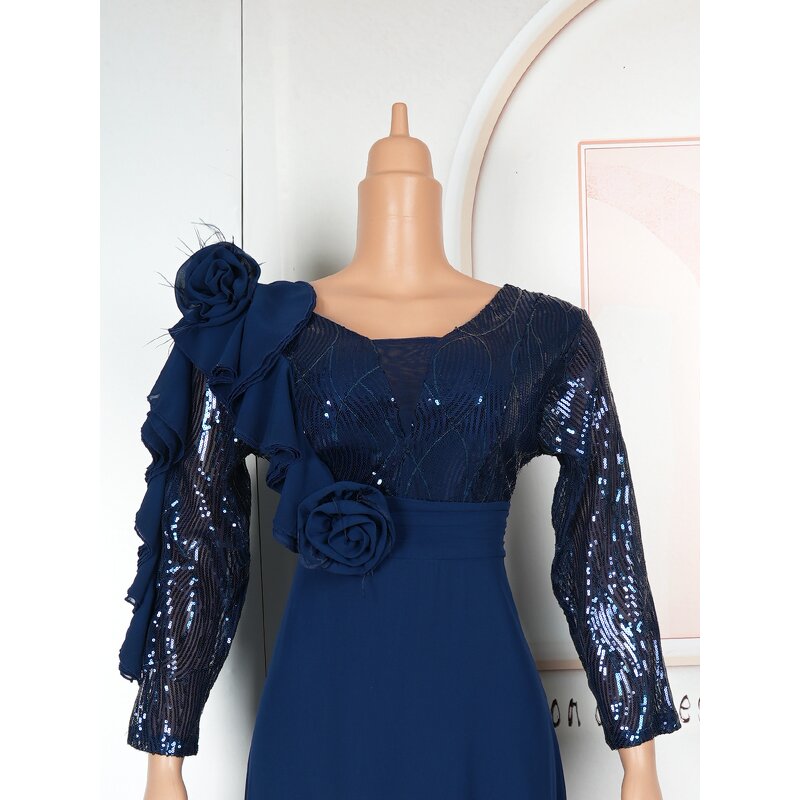 African Evening Dress Manufacturer - 2025 Plus Size Sequined Long Sleeve Chiffon Flower