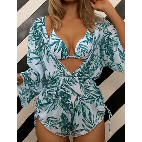 Women's Bikini Set Manufacturer - 3 Piece Spaghetti Strap Bra Jumpsuit Printed Swimwear