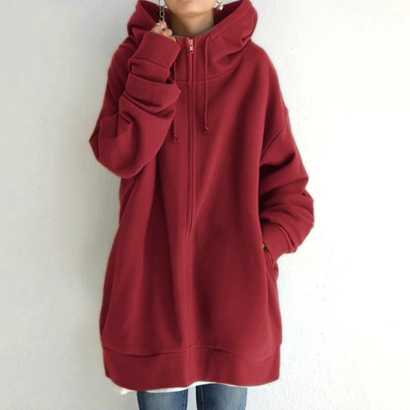 Women's Fleece Hoodie Manufacturer - Long Style Zipper Solid Color Streetwear Casual