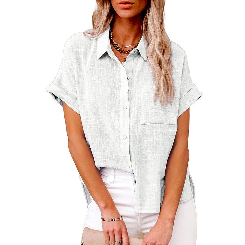 Cotton Linen T-shirt Manufacturer - Lapel Button Short Sleeve Loose for Women Summer