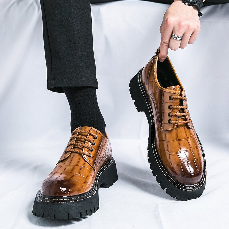 Men's PU Leather Shoes Manufacturer - 2025 Big Head Thick Bottom Plaid Business Casual