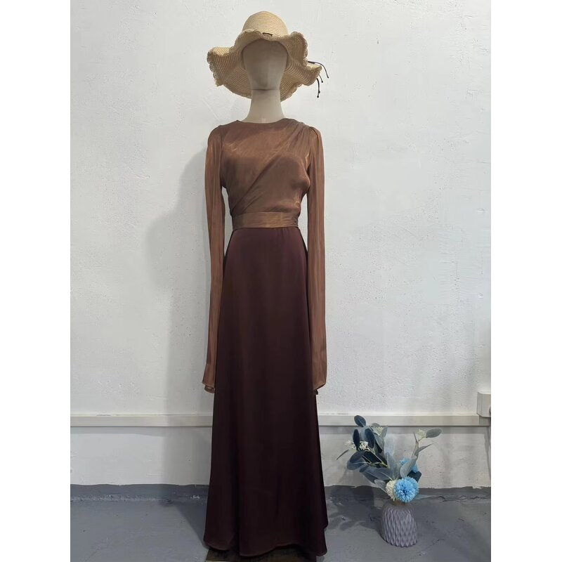 Muslim Satin Dress Manufacturer - Round Neck Batwing Sleeves Long Sleeves Slim-Fit