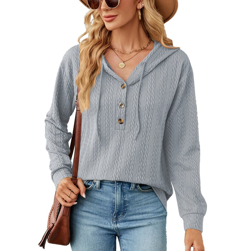 Women's Hoodie Manufacturer - Autumn Winter Solid Color Button Loose Long-sleeved