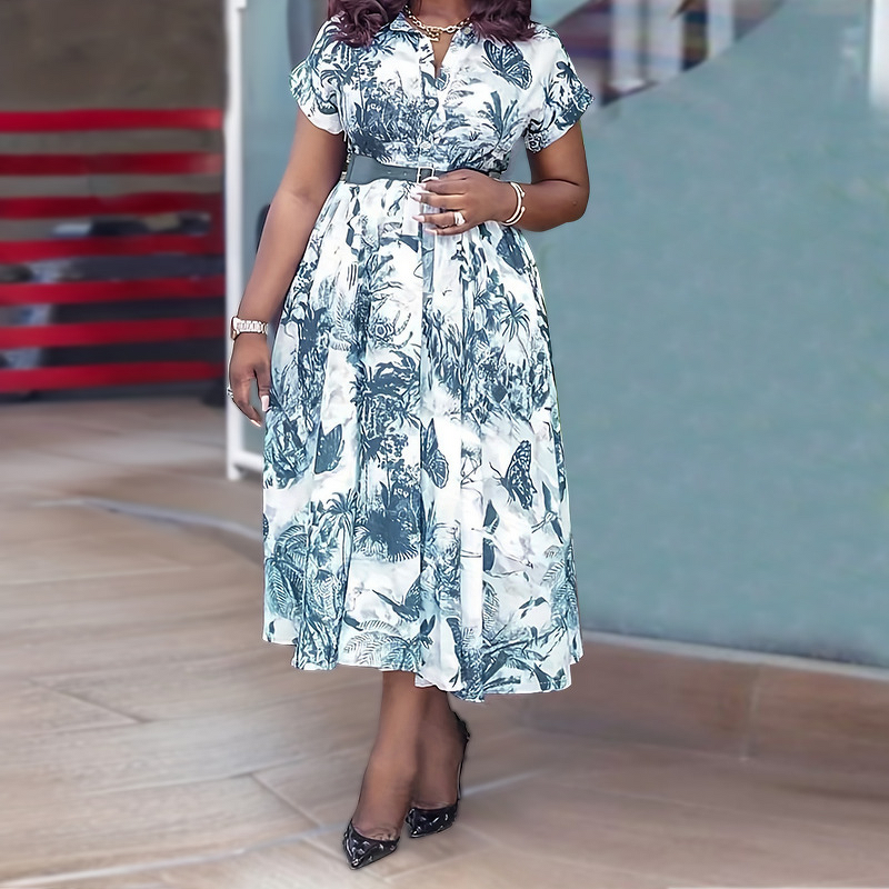 Printed Floral Dress Manufacturer - 2025 Stand Collar Belt Office Plus Size