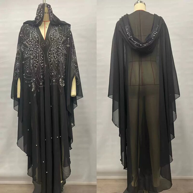 Muslim Cape Dress Manufacturer - Hot-Stamped Rhinestone Polyester Shawl Hooded