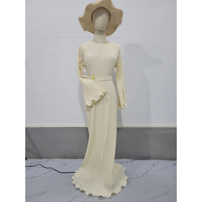 Casual Dress Manufacturer - O-Neck Long Sleeve Pleated with Belt for Autumn Parties