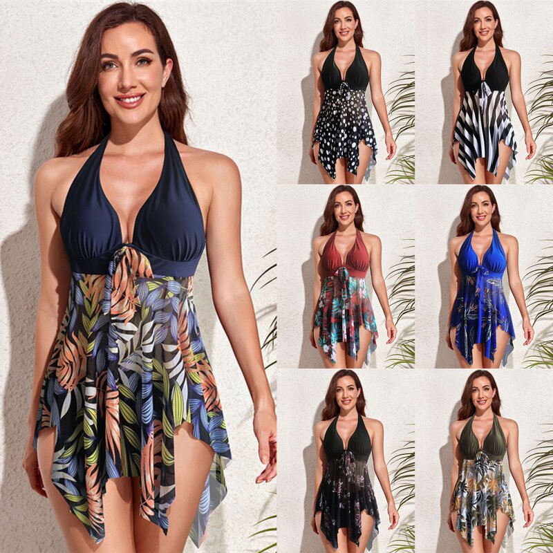 Women's Bikini Set Manufacturer - Mesh Dress Style Halter-neck Printed Bra Briefs