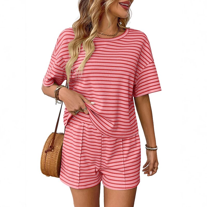 Women's Shorts Set Manufacturer - Knitted Round Neck Short Sleeved Striped Casual