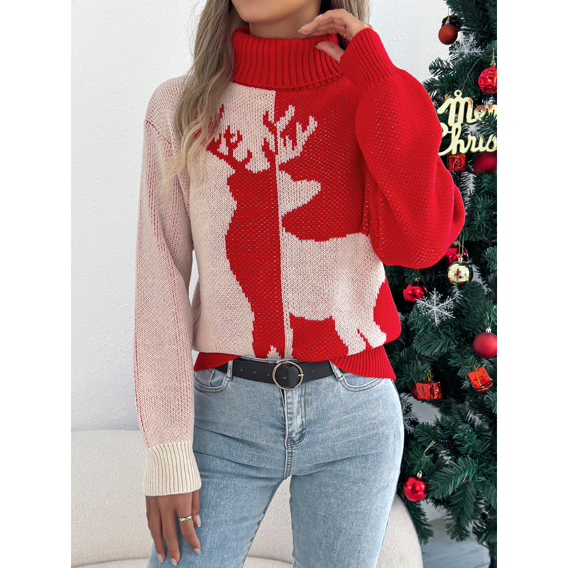 Deer Hoodie Sweater Manufacturer - 2025 Color Contrasting Lantern Sleeve Christmas Warm