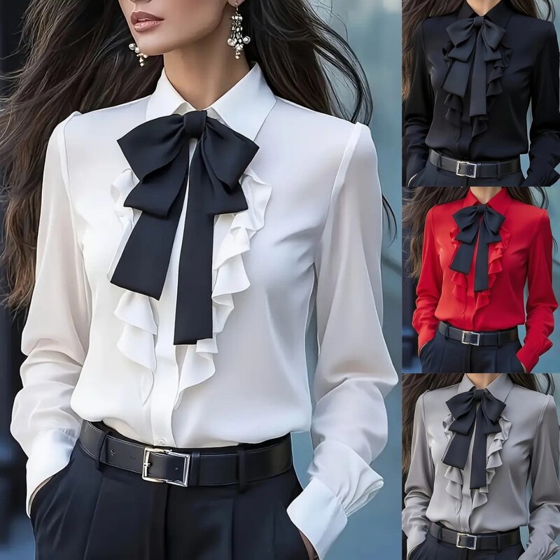 Women's Shirt Manufacturer - 2025 Autumn Lace up Bow Ruffle Design Elegant Urban