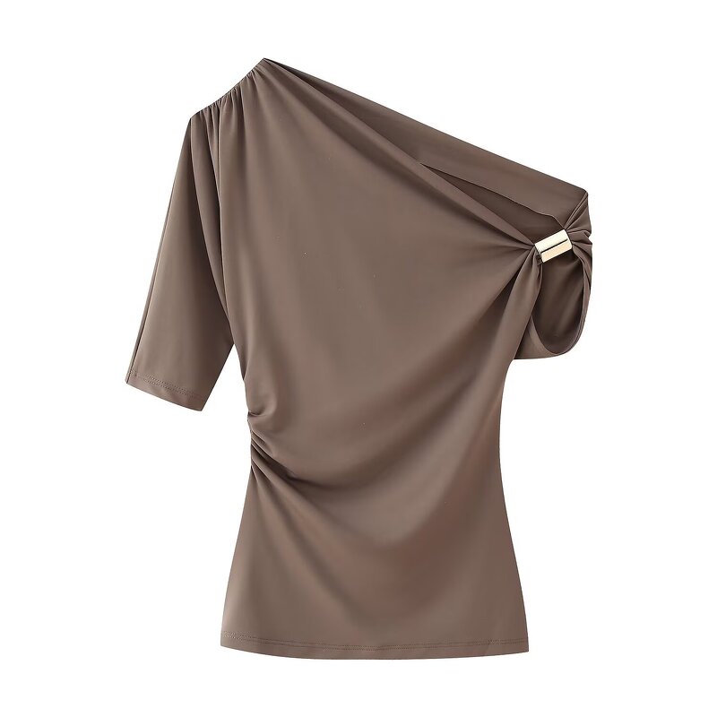 Short Sleeve Top Manufacturer - 2025 Metal Buckle Diagonal Shoulder Asymmetric Simple