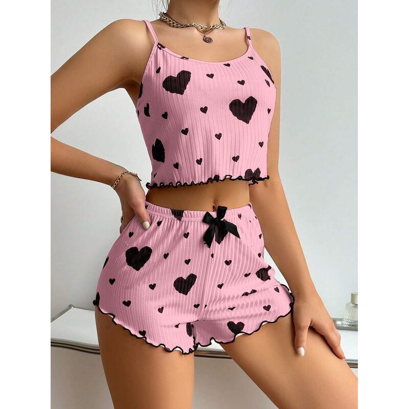 Women's Pajamas Set Manufacturer - Heart Pattern Camisoles Shorts 2 Piece Nighty Casual