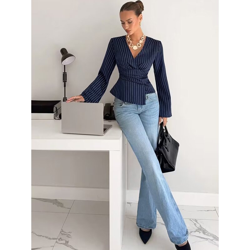 Striped Shirt Manufacturer - 2026 V-neck Long Sleeve Waist Cinched for Women