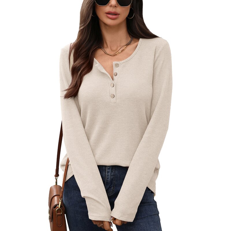 Long Sleeved T-shirt Manufacturer - Solid Color Round Neck Button Loose for Women