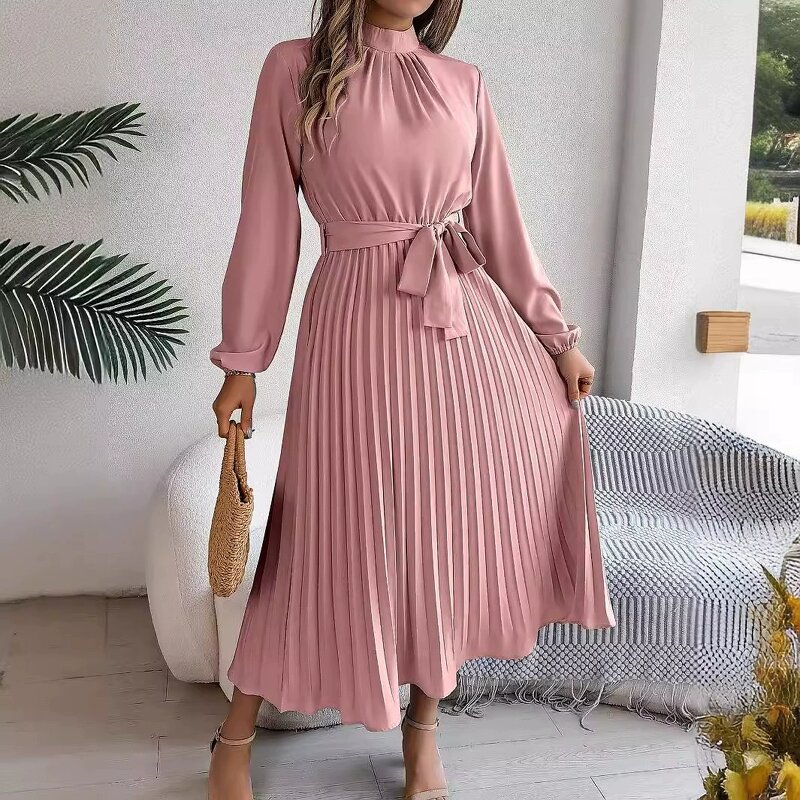 Pleated Long Skirt Dress Manufacturer - Stand Collar Waist Cinching for Autumn Winter