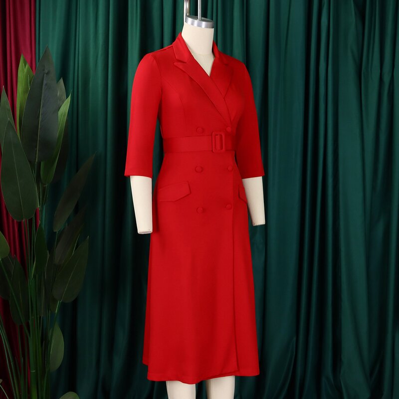 African Office Dress Manufacturer - 2025 V-neck Short-Sleeved Belt Button Solid Color