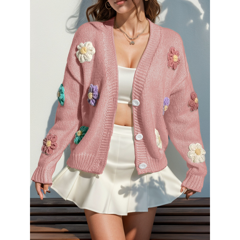 Ribbed Cardigan Manufacturer - 2025 Embroidery Flowers Applique Button up Sweater Coat