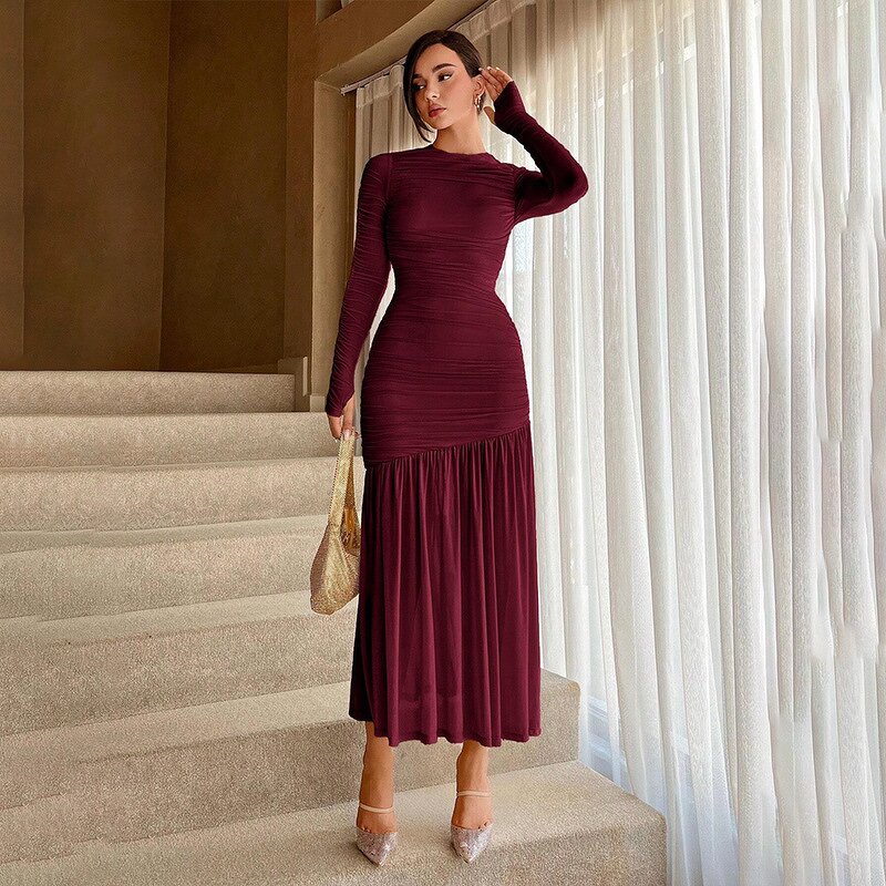 Lace Slim Dress Manufacturer - 2025 Long Sleeve Round Neck Wrinkle Slimming