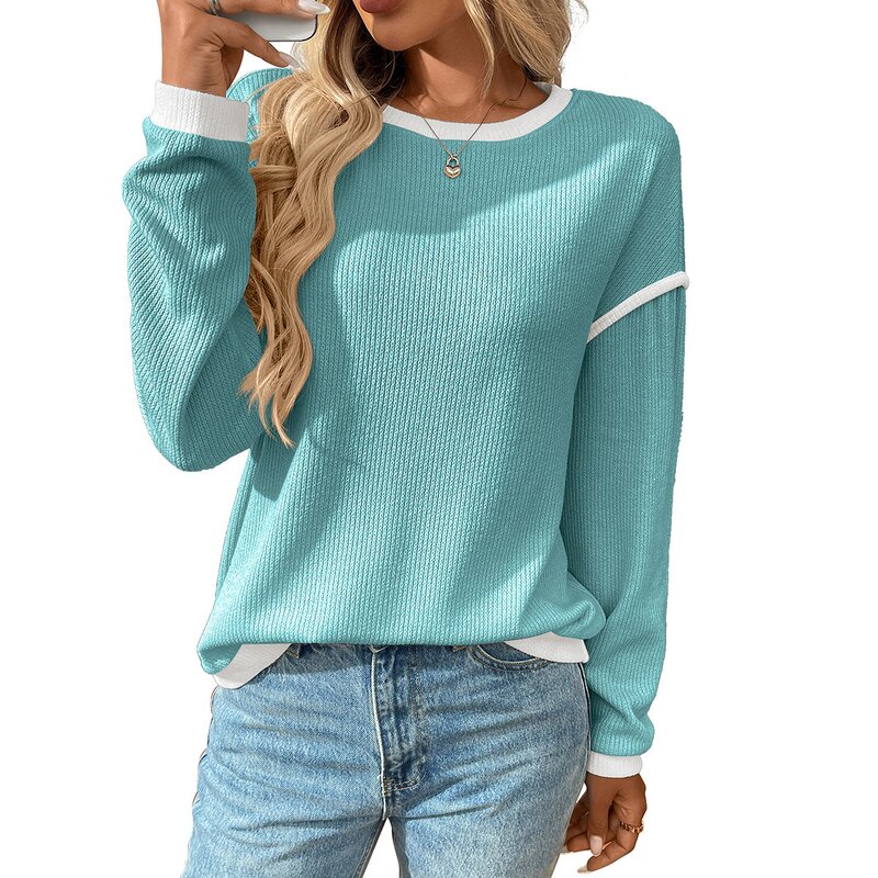 Women's Knitted Top Manufacturer - Line Splicing Solid Color Long Sleeved Round Neck Loose