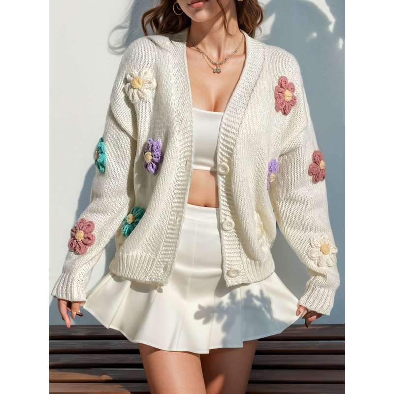 Ribbed Cardigan Manufacturer - 2025 Embroidery Flowers Applique Button up Sweater Coat