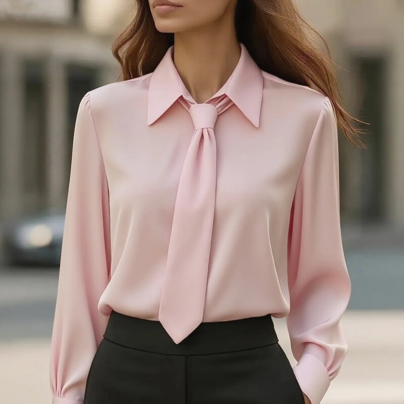 Women's French Shirt Manufacturer - 2025 Autumn Solid Color Casual Tie Long Sleeve