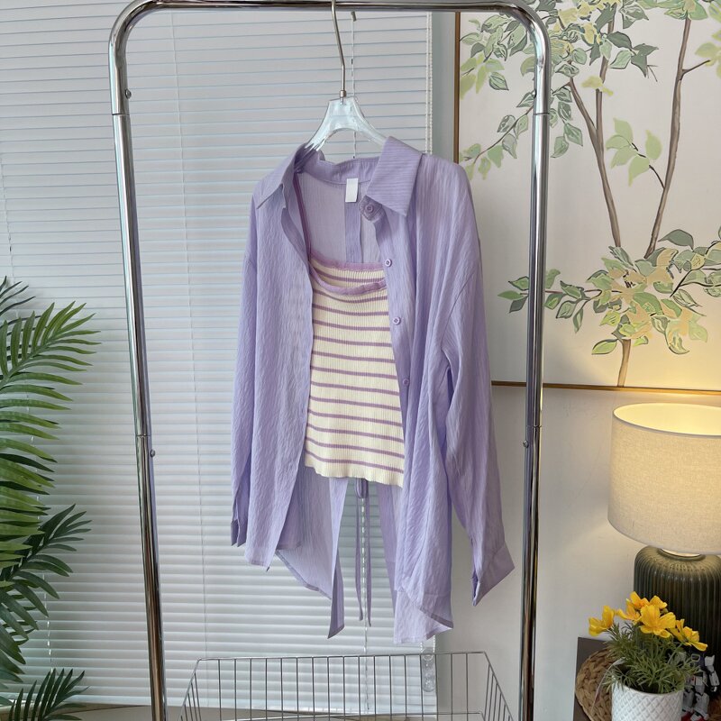 Women's 2-Piece Set Manufacturer - Sunscreen Shirt Loose Solid Color Collar Top