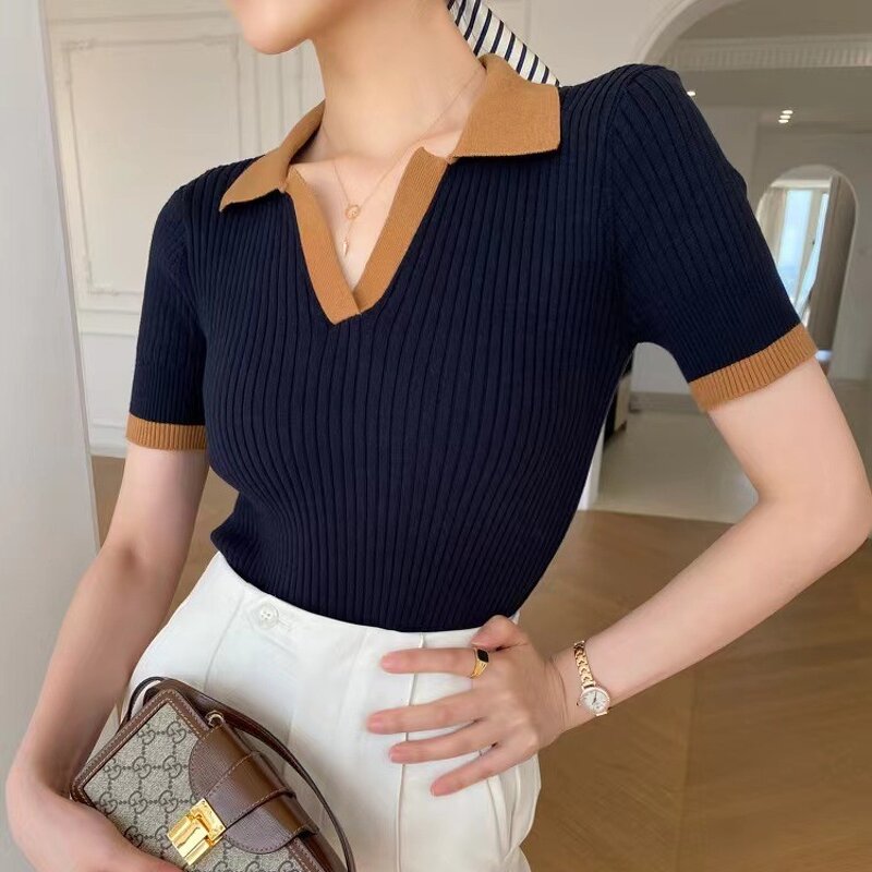 Ice Silk Top Manufacturer - V-Neck Short Sleeve Slim Knit Casual Solid Color