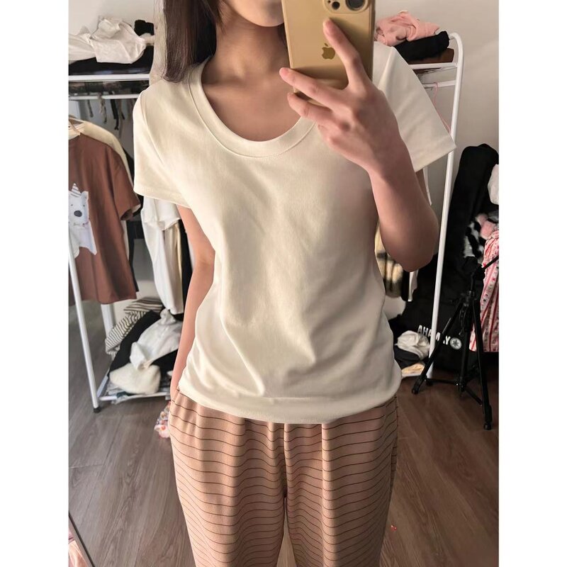 Women's T-shirt Manufacturer - 2025 Short Sleeve Solid Color Straight Shoulder Base