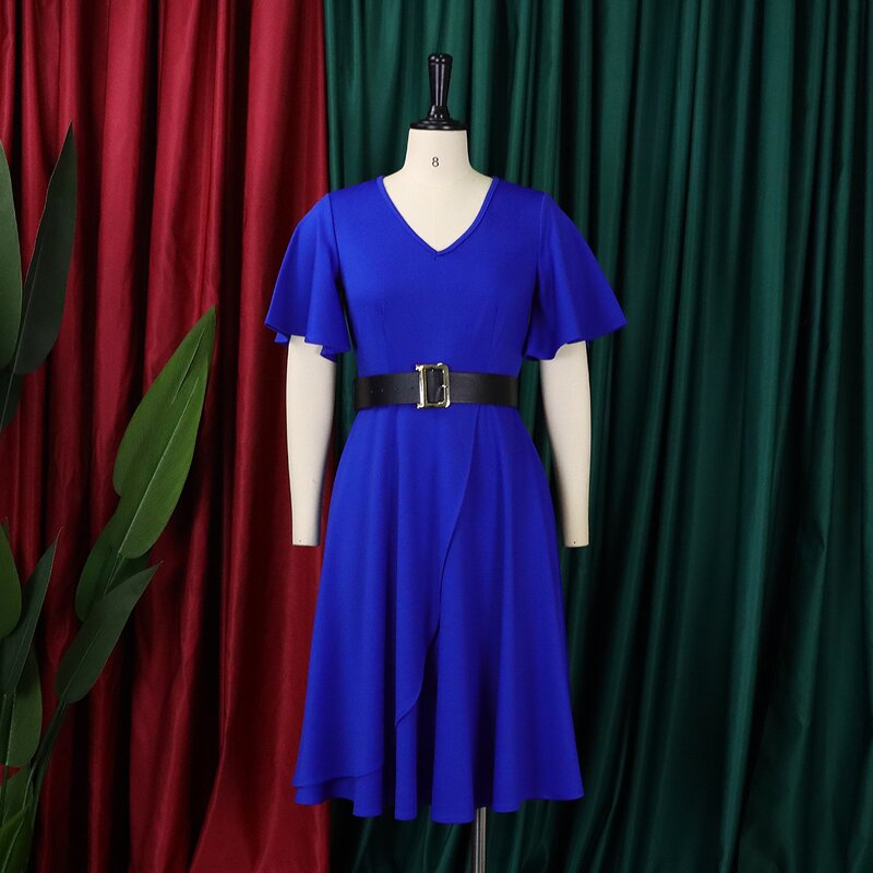 V-neck Office Dress Manufacturer - 2025 Trumpet Sleeves Solid Color Blet Plus Size