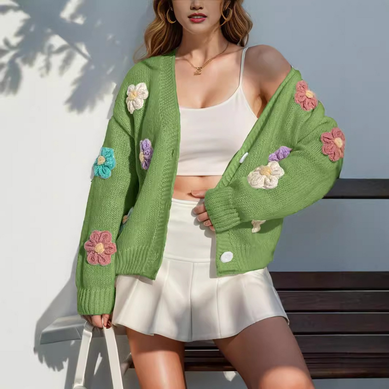 Ribbed Cardigan Manufacturer - 2025 Embroidery Flowers Applique Button up Sweater Coat