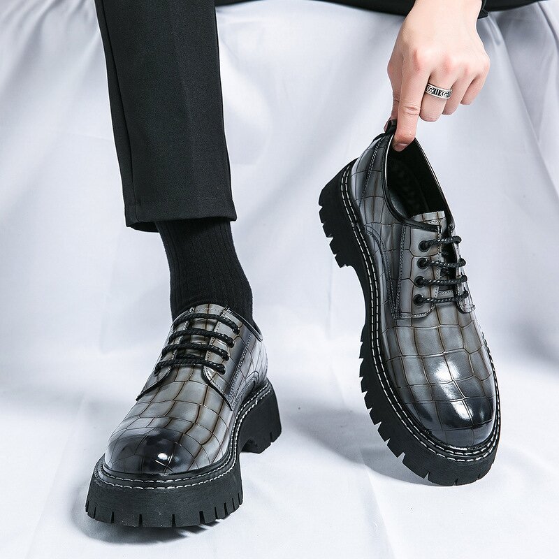 Men's PU Leather Shoes Manufacturer - 2025 Big Head Thick Bottom Plaid Business Casual