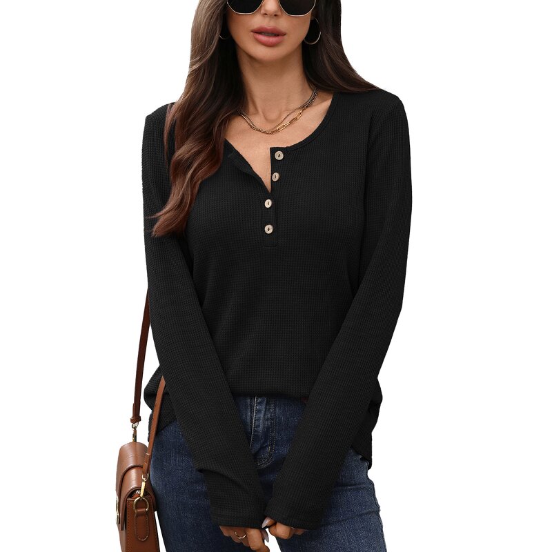 Long Sleeved T-shirt Manufacturer - Solid Color Round Neck Button Loose for Women