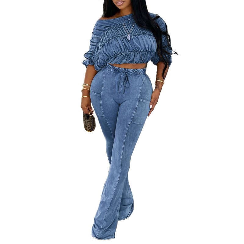 Women's 2-Piece Set Manufacturer - Elastic Tops Long Pants Washed Patchwork Cotton