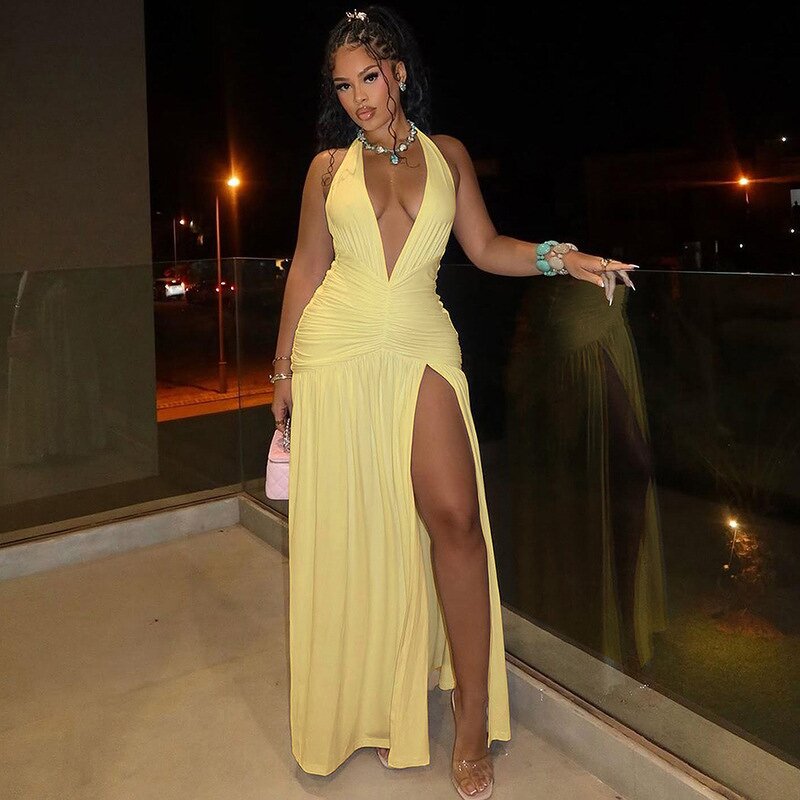 Women's Evening Dress Manufacturer - 2025 V-neck Hanging Neck Sleeveless Bareback Waist