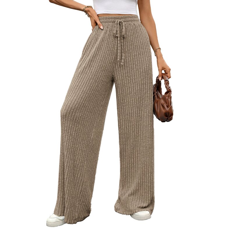 Women's Casual Pants Manufacturer - Solid Color Drawstring Loose Pit Stripe Brushed Elastic