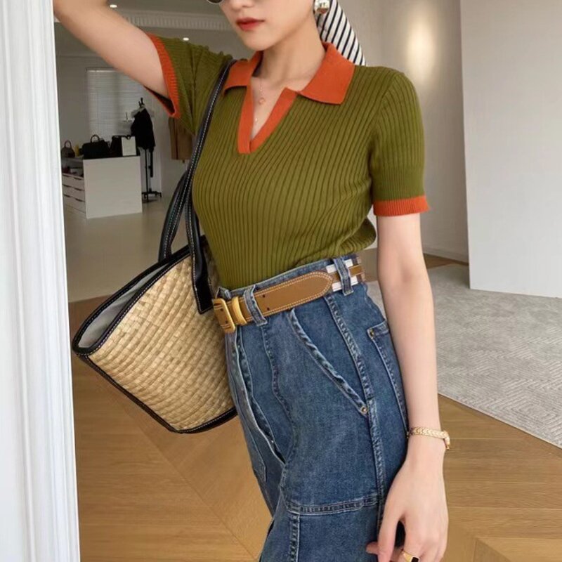 Ice Silk Top Manufacturer - V-Neck Short Sleeve Slim Knit Casual Solid Color