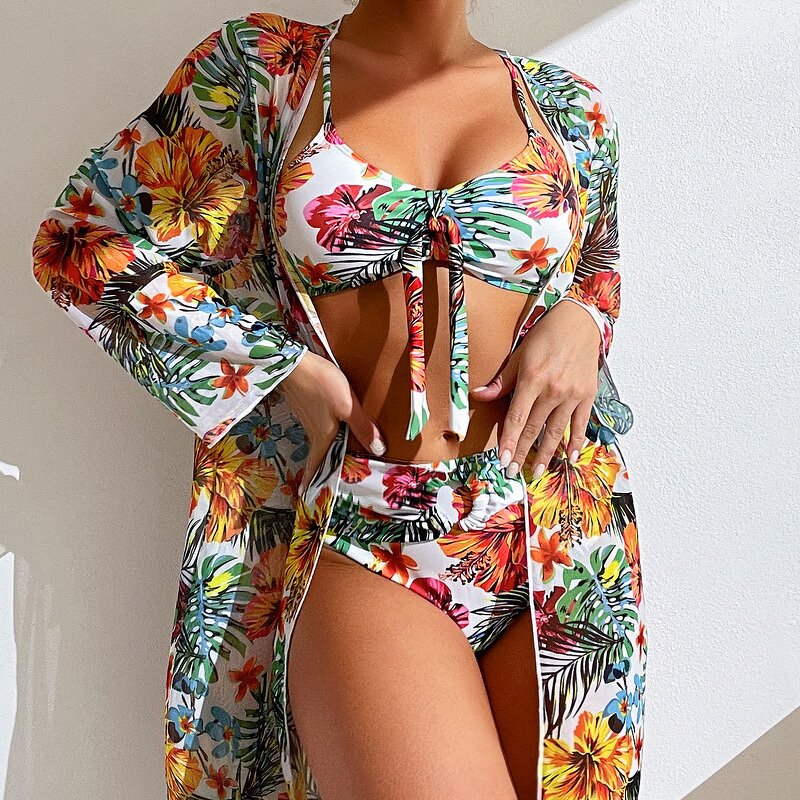 Women's Swimsuit Set Manufacturer - Floral Print Three Pieces Bra Panties Long Sleeve Cardigan
