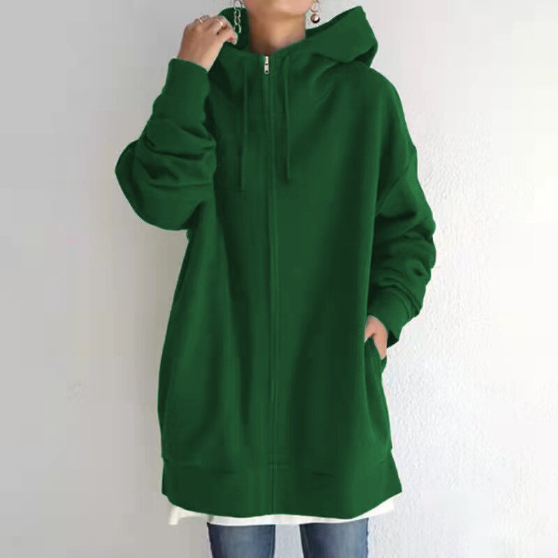 Women's Fleece Hoodie Manufacturer - Long Style Zipper Solid Color Streetwear Casual