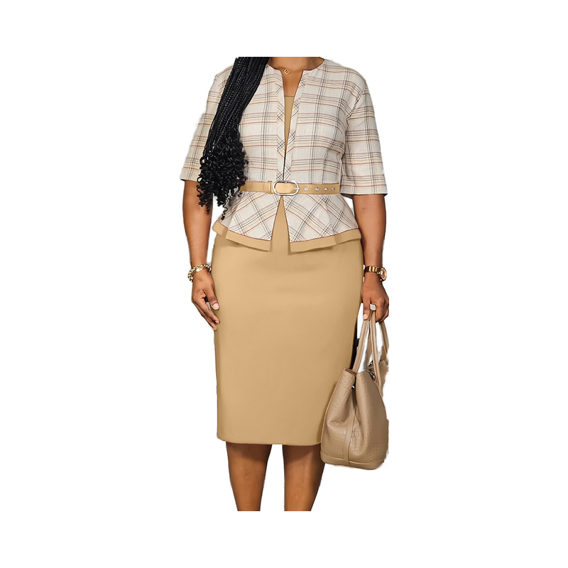 Striped Grid Dress Manufacturer - 2025 V-neck Bag Hip Elegant Head Set Skirt