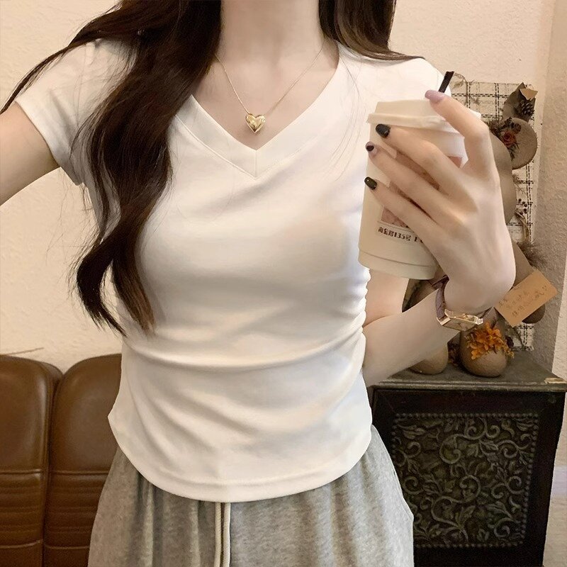 Women's T-shirt Manufacturer - Solid Color Short Sleeve V-neck Slim Wholesale