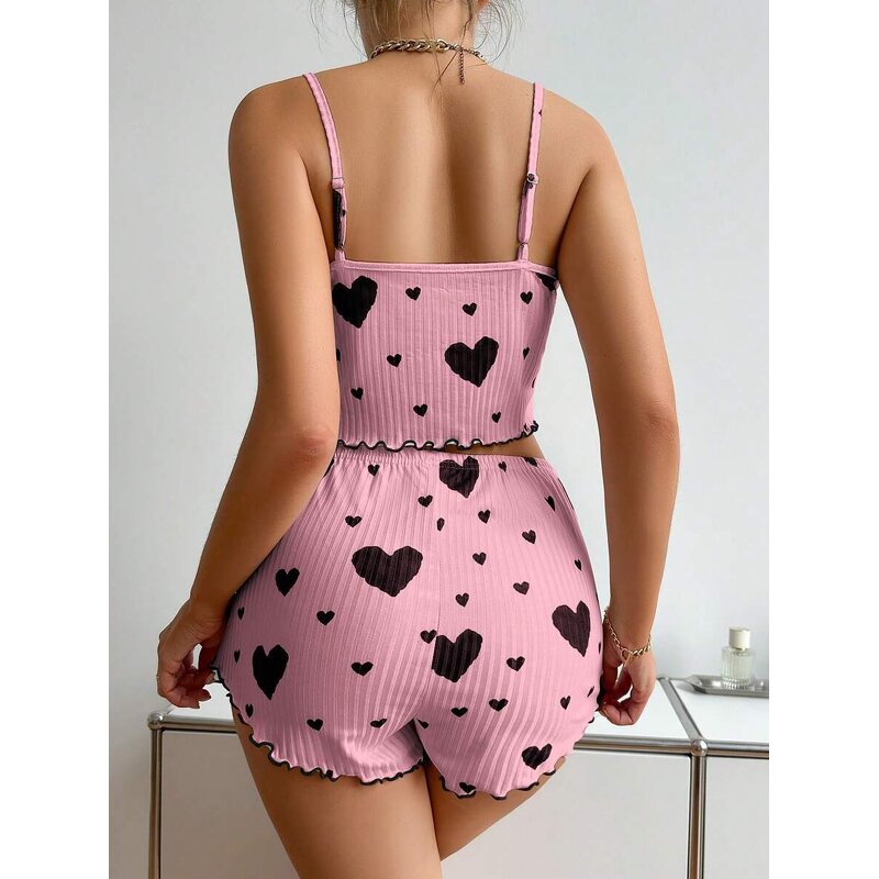 Women's Pajamas Set Manufacturer - Heart Pattern Camisoles Shorts 2 Piece Nighty Casual
