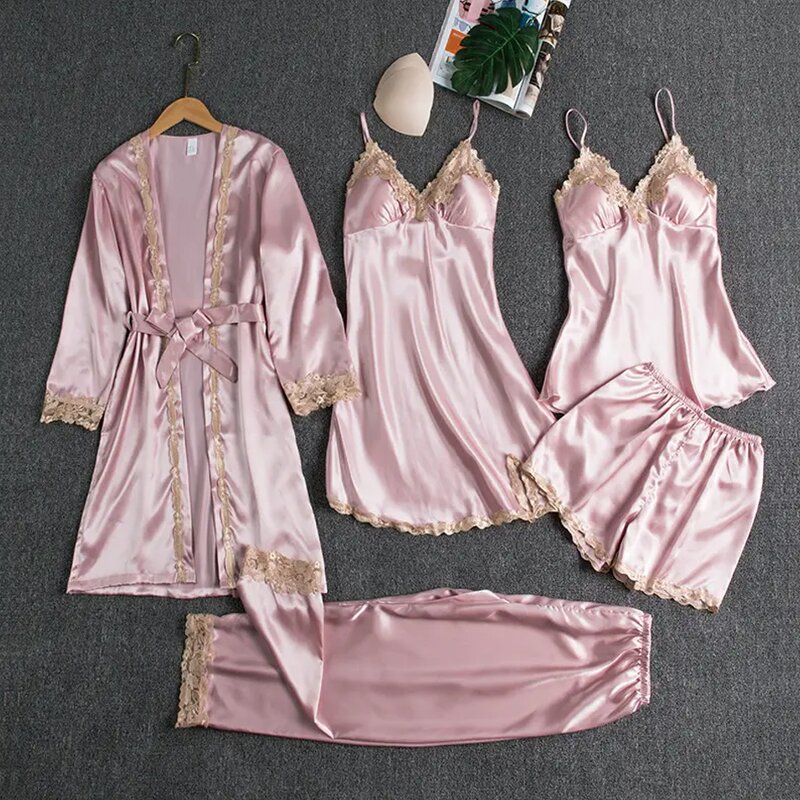 Women's Pajamas Set Manufacturer - 2025 Golden Lace Silk Satin Five Pieces Shorts Home
