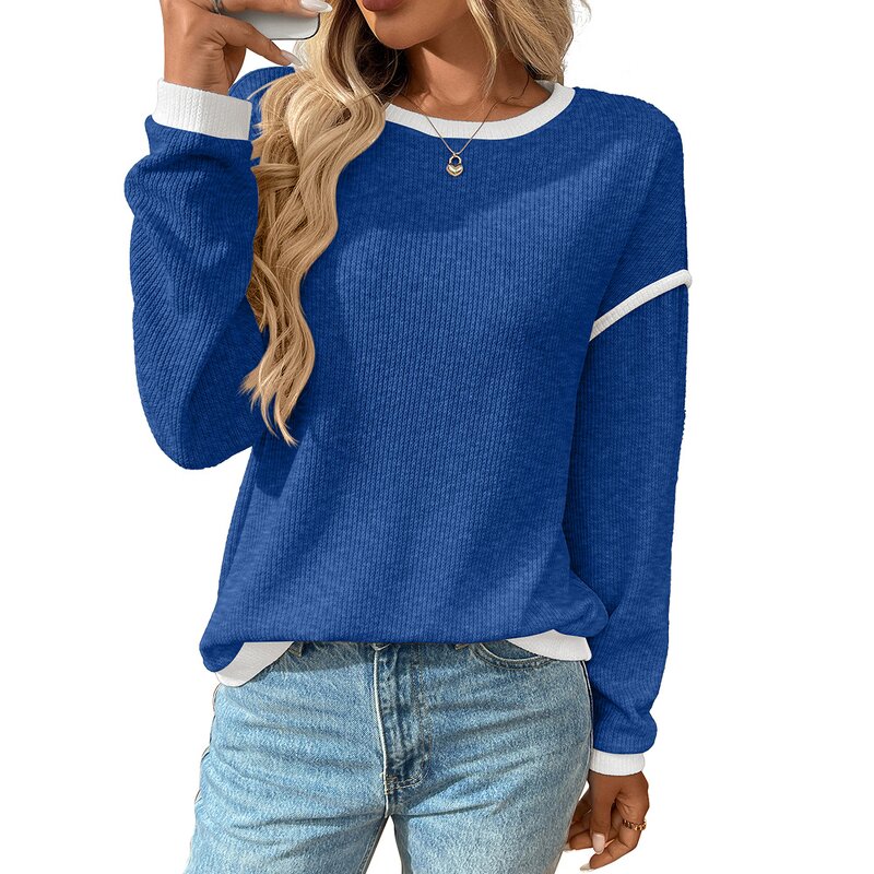 Women's Knitted Top Manufacturer - Line Splicing Solid Color Long Sleeved Round Neck Loose